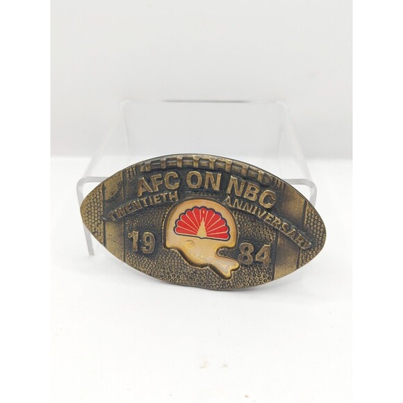 Vintage 80s Mens Belt Buckle: AFC on NBC 1984 Football TV NFL Helmet Sport brass - Picture 1 of 4